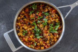 A pan with Eggplant Caponata.