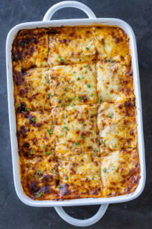 Sliced up Eggplant Lasagna in a pan.