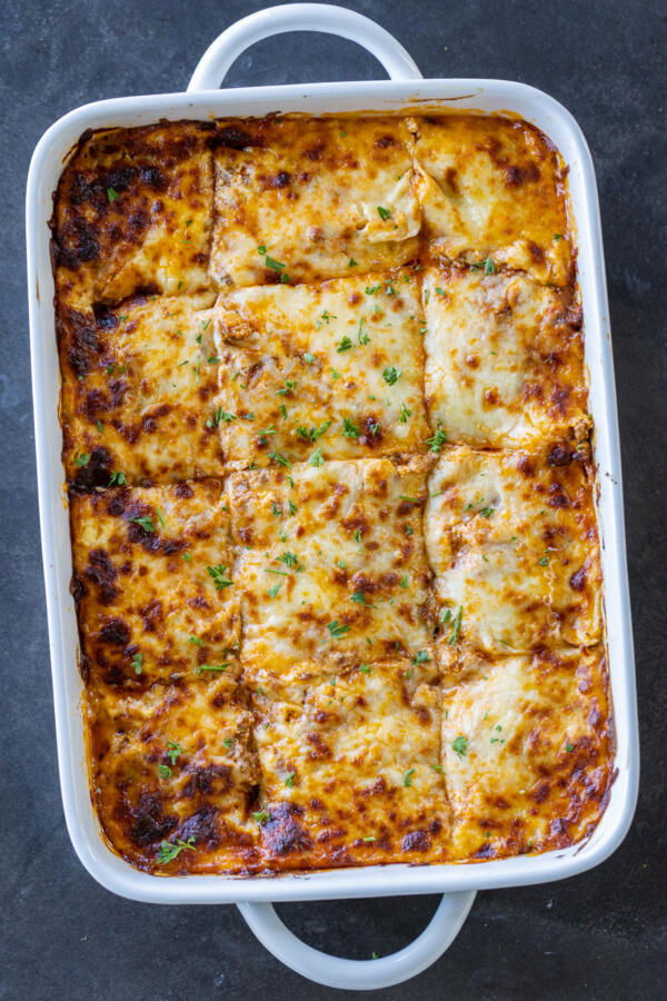 Sliced up Eggplant Lasagna in a pan. 