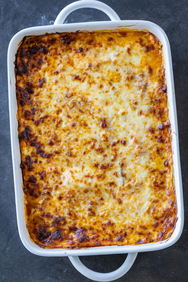 Eggplant Lasagna in a baking pan.