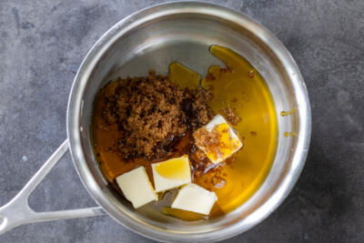 Pan with butter, honey and brown sugar.