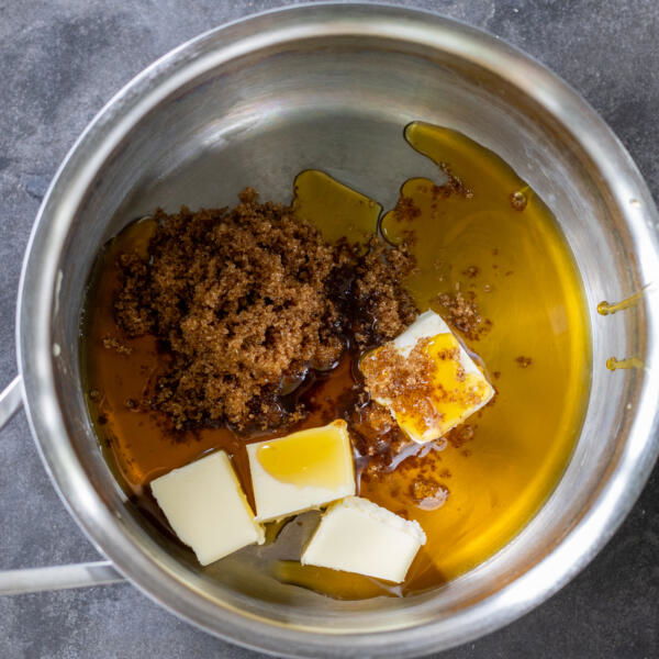 Pan with butter, honey and brown sugar.