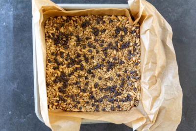 Granola bars in a baking sheet.
