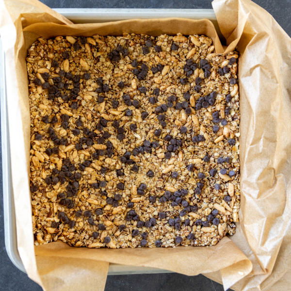 Granola bars in a baking sheet.