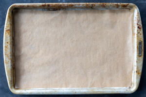 Lined baking sheet.
