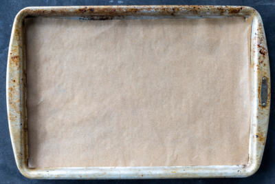 Lined baking sheet.