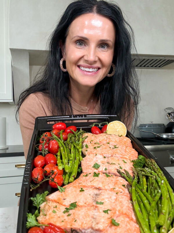 Natalya with Sheet Pan Salmon and Veggies.