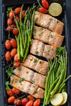 Sheet Pan Salmon and Veggies on a tray.