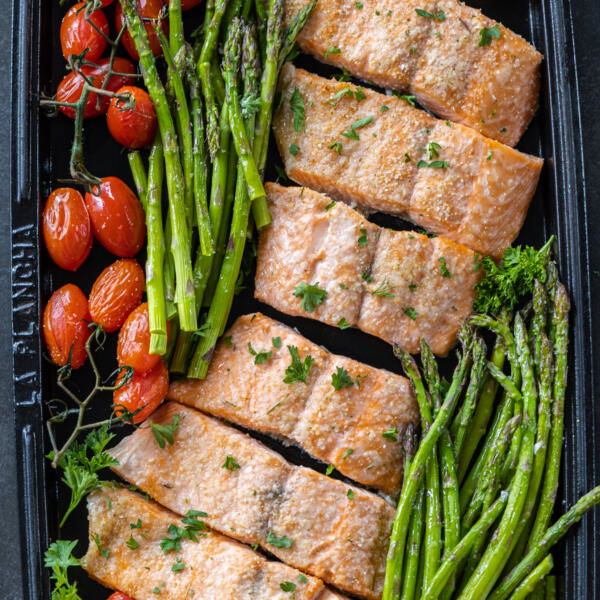 Sheet Pan Salmon and Veggies on a tray.