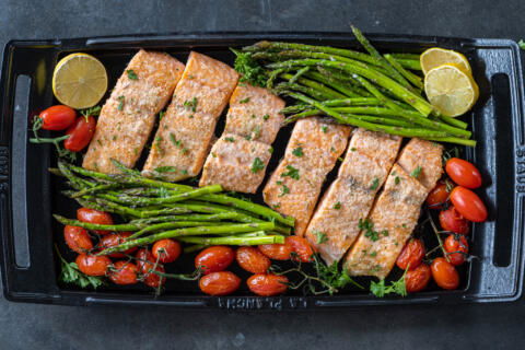 Baked Sheet Pan Salmon and Veggies.