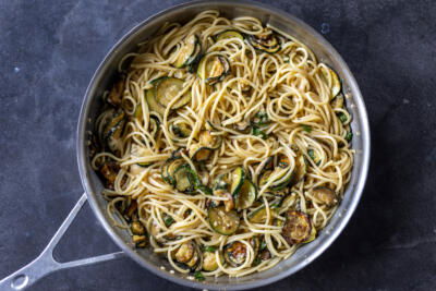 Spaghetti Alla Nerano in a cooking pan.