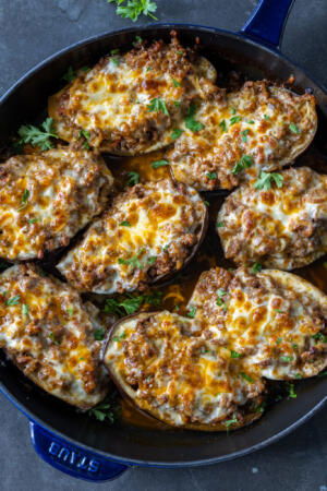 Stuffed Eggplant in a serving pan.