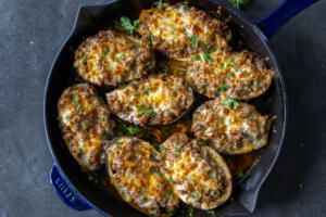 Serving tray with stuffed eggplant.