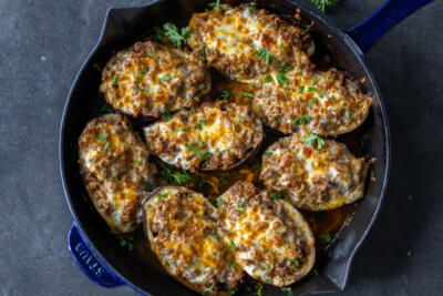 Serving tray with stuffed eggplant.