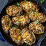 Stuffed Eggplant in a pan.