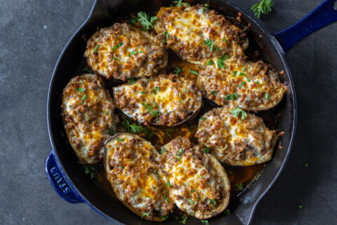 Stuffed Eggplant in a pan.