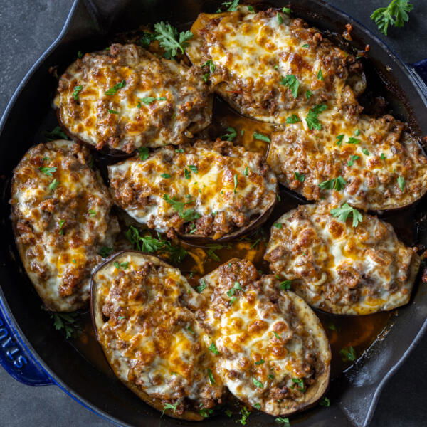 Stuffed Eggplant in a pan.