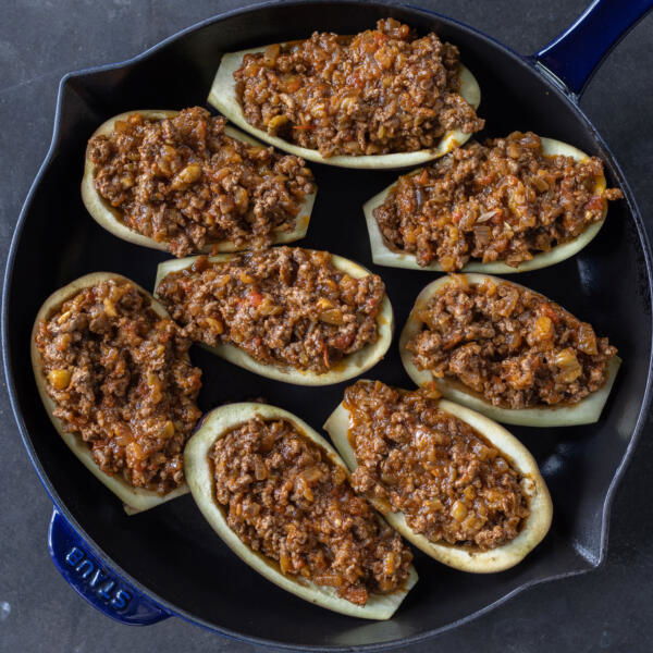 Stuffed eggplant in a pan.