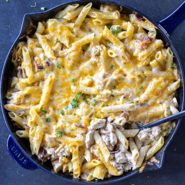 Chicken Bacon Ranch Casserole in a pan.