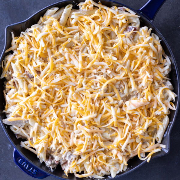 Chicken Bacon Ranch Casserole with cheese on top.