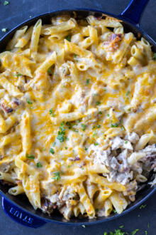 Chicken Bacon Ranch Casserole in a pan.