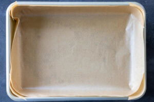 Lined baking pan.