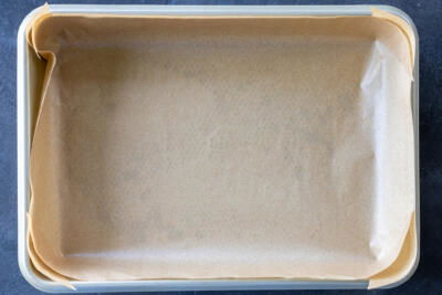 Lined baking pan.