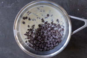 Chocolate chips and heavy cream in a pan.
