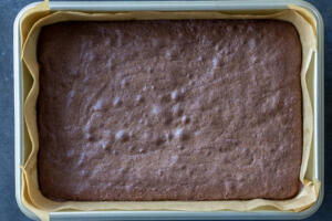 Baked brownie in a tray/.