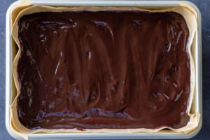 Brownie in a tray with glazer.