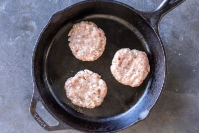 A cooking pan with Homemade Sausage Patties.