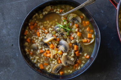 A bowl of Mushroom Barley Soup.