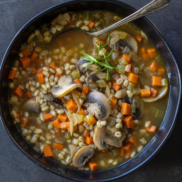 A bowl of Mushroom Barley Soup.
