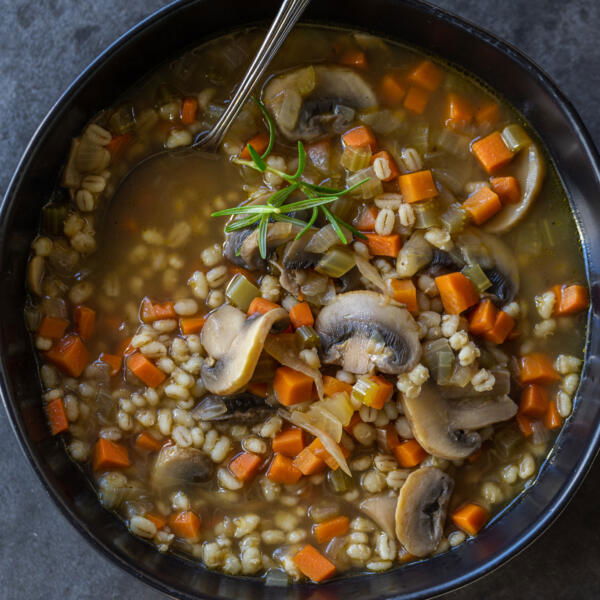 Mushroom Barley Soup in a bowl.