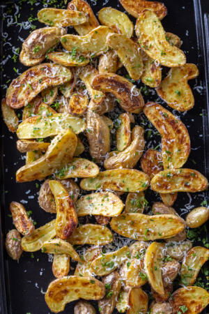 Serving dish with roasted fingerling Potatoes.