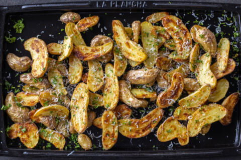 Roasted Fingerling Potatoes on a serving tray.