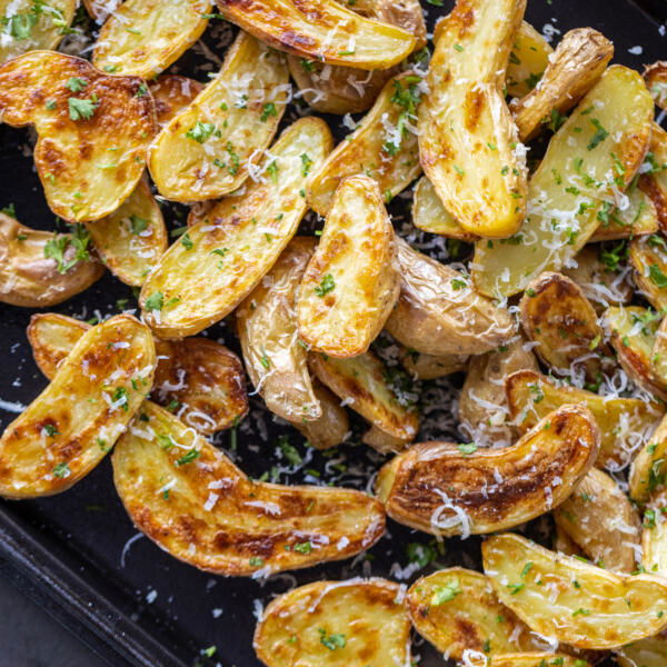 Roasted Fingerling Potatoes on a serving dish.