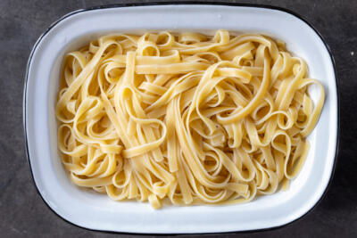 Cooked pasta in a bowl.
