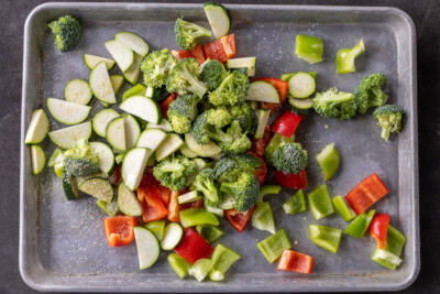 Veggies on a baking sheet.