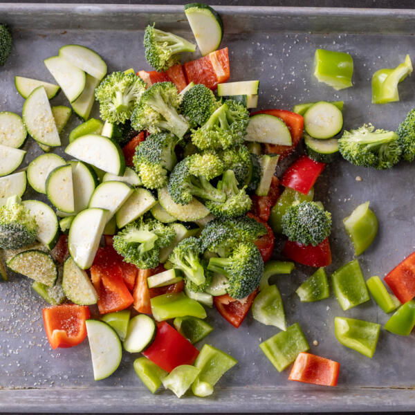 Veggies on a baking sheet.