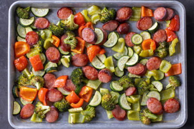 Sheetpan with Sheet Pan Sausage and Veggies.