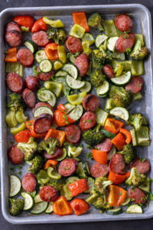 Sheet Pan Sausage and Veggies on a sheetpan.