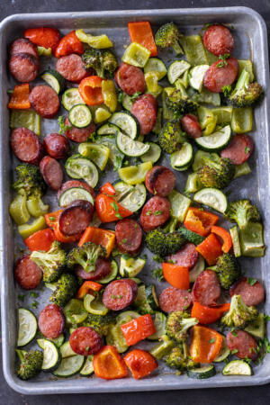 Sheet Pan Sausage and Veggies on a sheetpan.