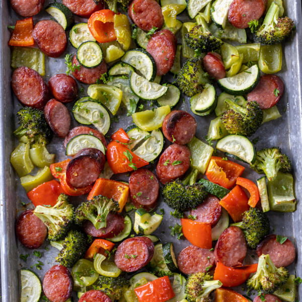Sheet Pan Sausage and Veggies on a sheetpan.