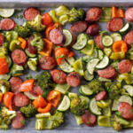 Sheet Pan Sausage and Veggies on a sheet.