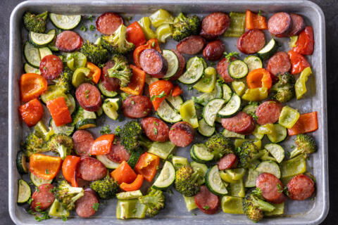 Sheet Pan Sausage and Veggies on a sheet.