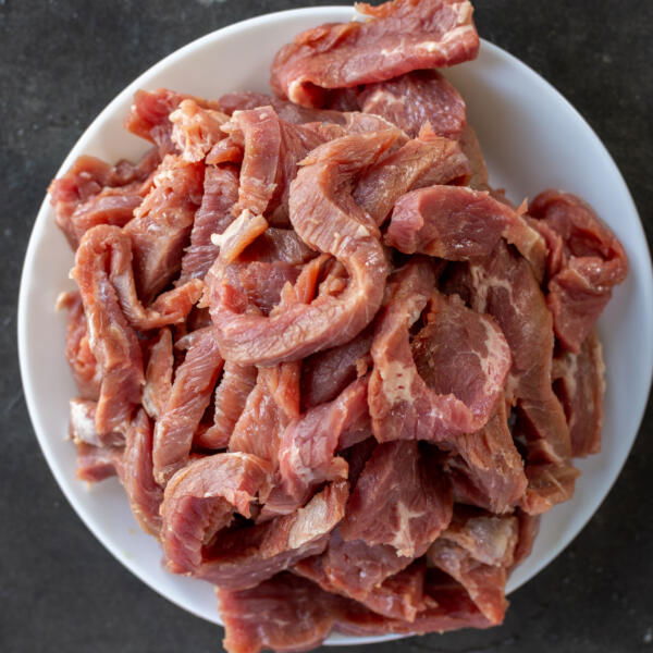 Sliced up steak on a plate.