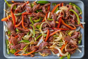 Sheet Pan Steak Fajitas before baking.