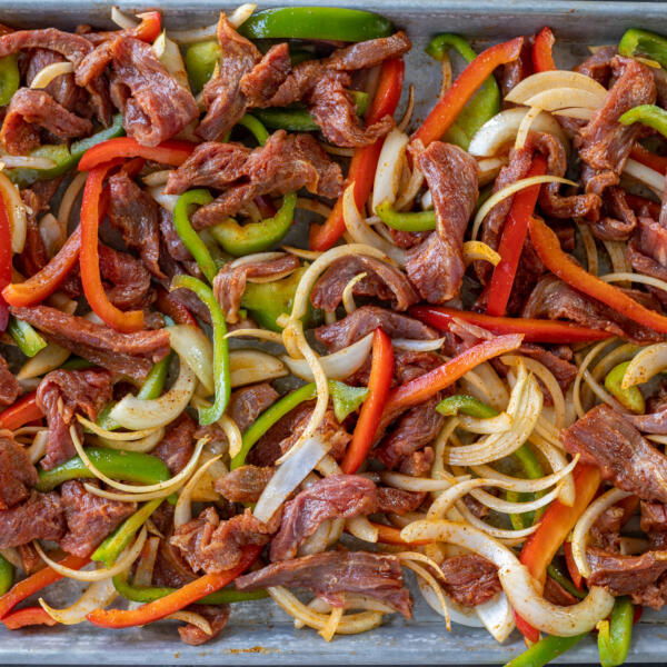 Sheet Pan Steak Fajitas before baking.