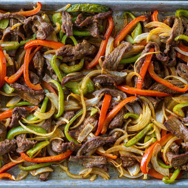 Fajita with steak and veggies.